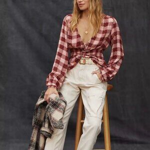 Anthropologie Pilcro  Blouse Plaid Deep-V Red Orange Smocked Size S